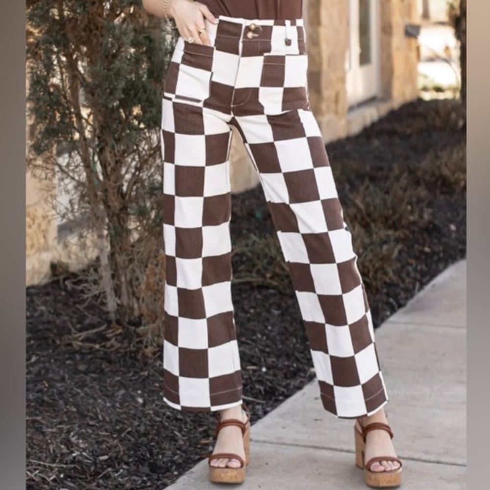 Brown and White Checkered Wide Leg Pants
